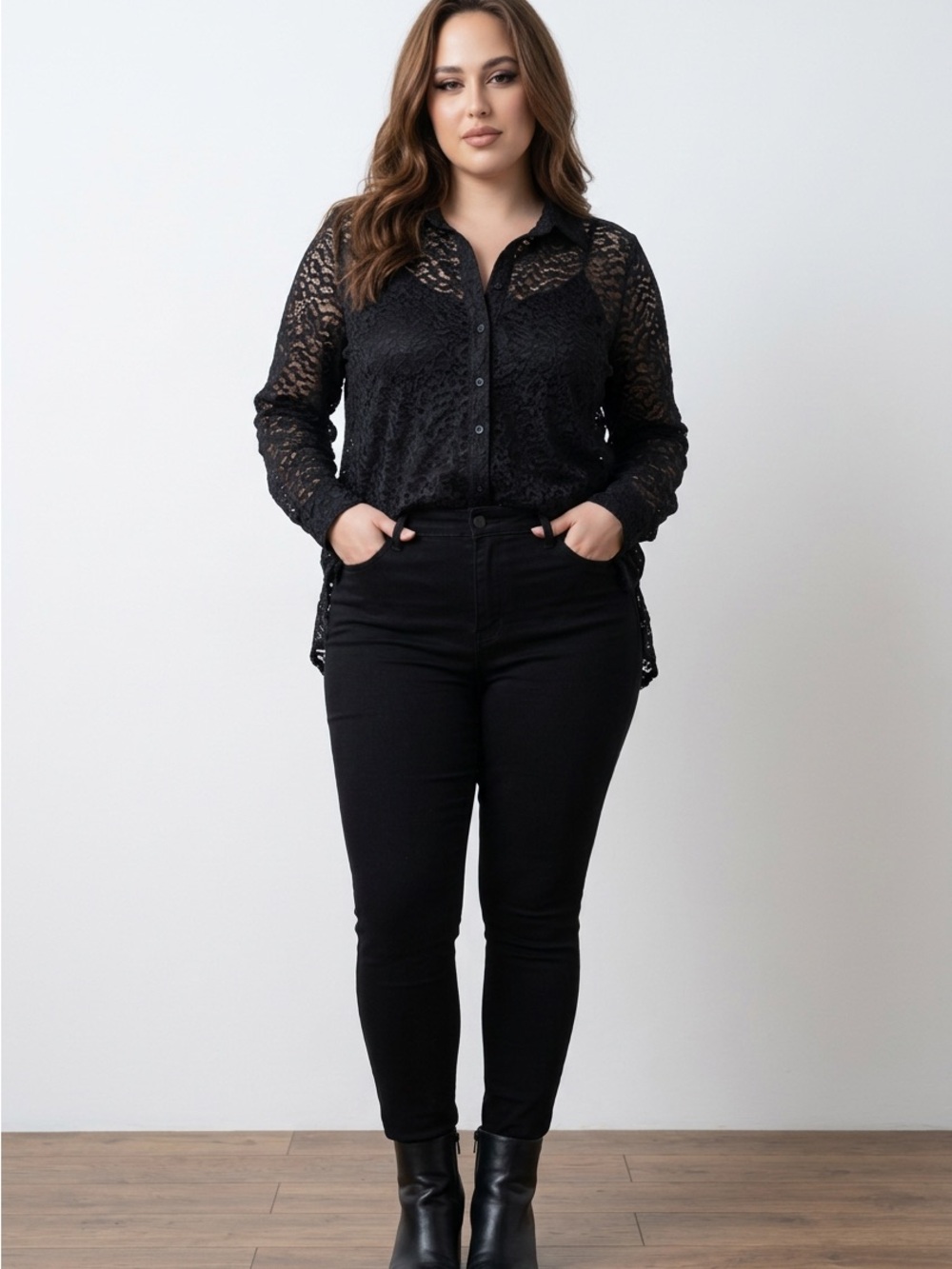 torrid Black Floral Lace Button-Up Shirt